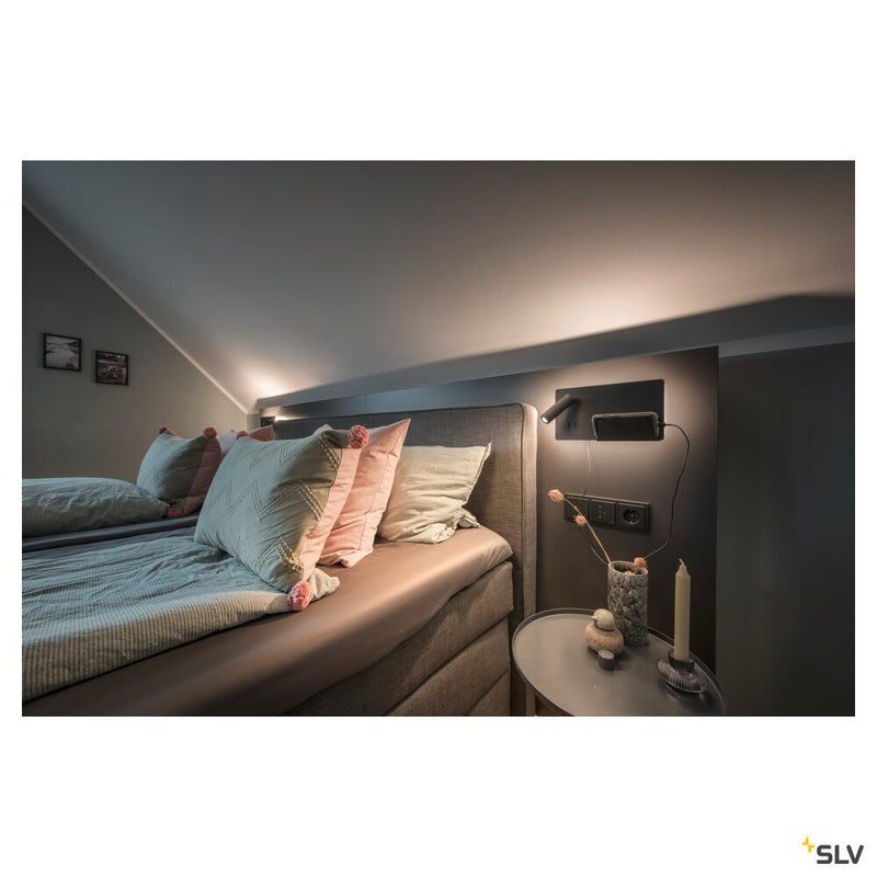 SOMNILA SPOT, indoor LED surface-mounted wall light 3000K black version left incl. USB connection