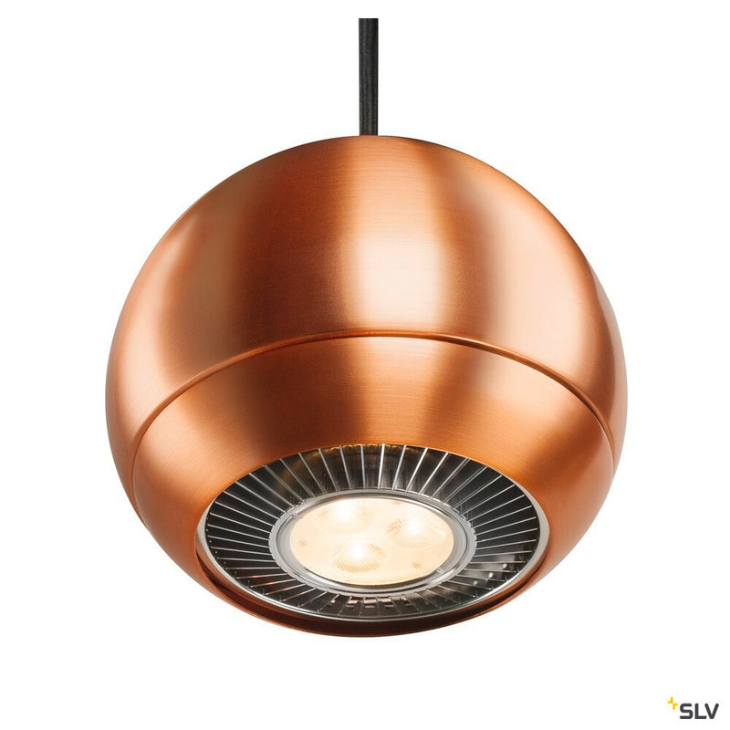 LIGHT EYE, pendant, QPAR111, brushed copper, black textile cable, brushed copper ceiling plate, max. 75W