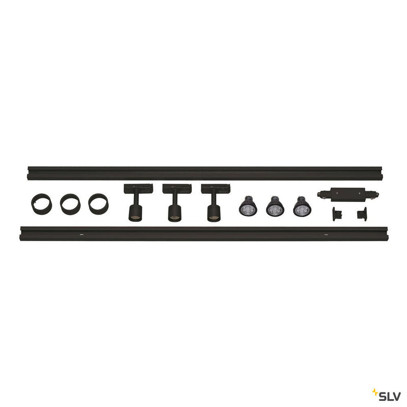 1-PHASE HIGH-VOLTAGE SET, triple-headed, LED GU10 51 mm, black, incl. 2x1 m 240V track, 3x Puri lamp heads, long connectors, 2 end caps, 3x deco ring, 3x LED GU10 lamp