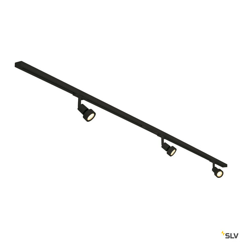 1-PHASE HIGH-VOLTAGE SET, triple-headed, LED GU10 51 mm, black, incl. 2x1 m 240V track, 3x Puri lamp heads, long connectors, 2 end caps, 3x deco ring, 3x LED GU10 lamp