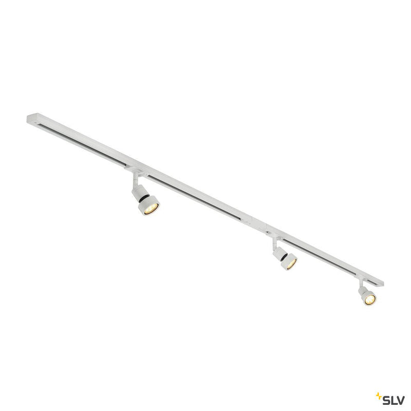 1-PHASE HIGH-VOLTAGE SET, triple-headed, white, incl. 2x1 m 240V track, 3x Puri lamp heads, long connectors, 2 end caps, 3x deco ring, 3x LED GU10 lamp