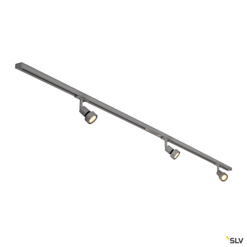 1-PHASE HIGH-VOLTAGE SET, triple-headed, silver-grey, incl. 2x1 m 240V track, 3x Puri lamp heads, long connectors, 2 end caps, 3x deco ring, 3x LED GU10 lamp