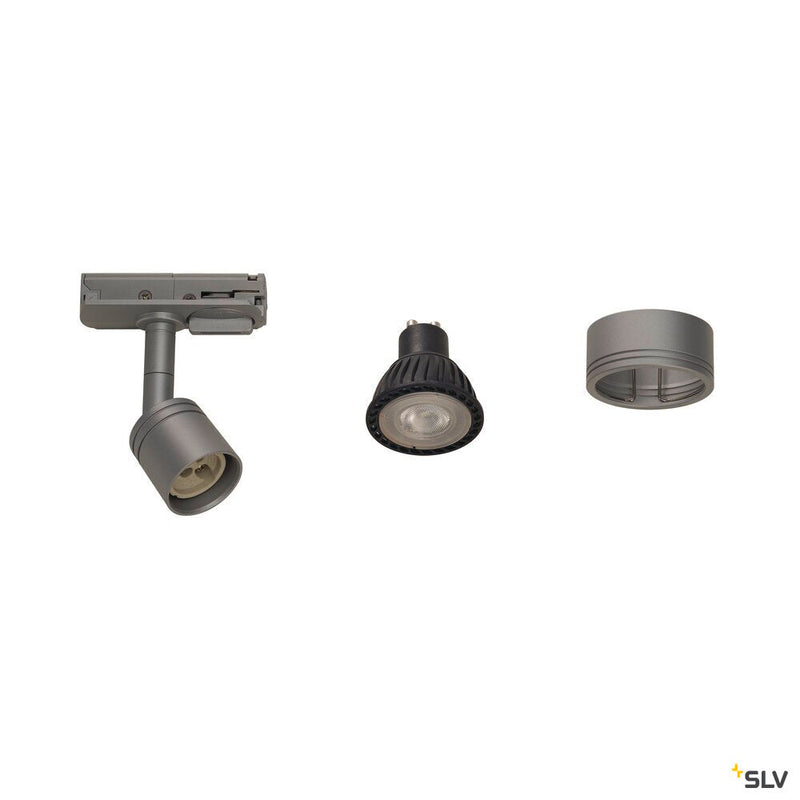 1-PHASE HIGH-VOLTAGE SET, triple-headed, silver-grey, incl. 2x1 m 240V track, 3x Puri lamp heads, long connectors, 2 end caps, 3x deco ring, 3x LED GU10 lamp