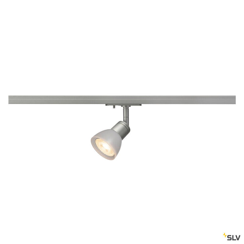 PURI spot for high voltage 1-circuit track, QPAR51, silver-grey, frosted plastic, max. 50W, incl. 1-phase adapter