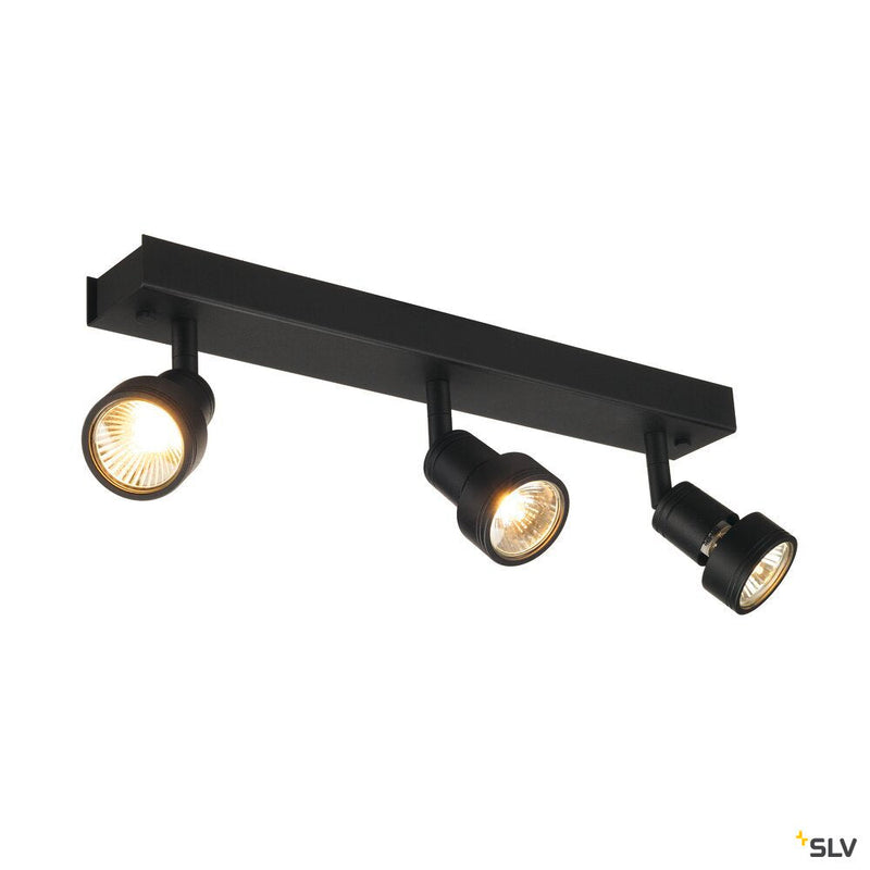 PURI 3 wall and ceiling light, triple-headed, QPAR51, matt black, max. 150 W, with deco ring