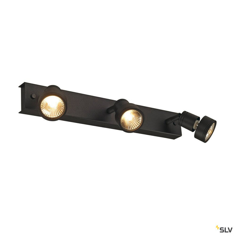 PURI 3 wall and ceiling light, triple-headed, QPAR51, matt black, max. 150 W, with deco ring