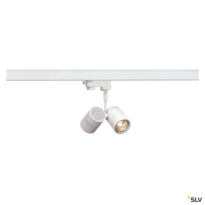 BIMA 2, spot for 240V 3-phase track, double-headed, QPAR51,round, matt white, max. 100W, incl. 3-phase adapter