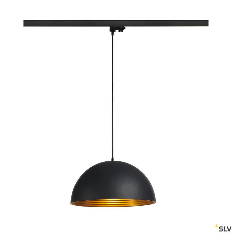FORCHINI M pendant for 240V 3-phase track, TC-(D,H,T,Q)SE, round, black/gold, Ø 40cm, incl. 3-phase adapter, black