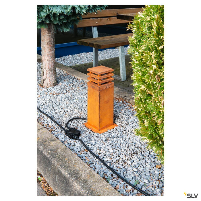 RUSTY SQUARE 40, outdoor floor stand, LED, 3000K, square, rusted steel, L/W/H 12/12/40