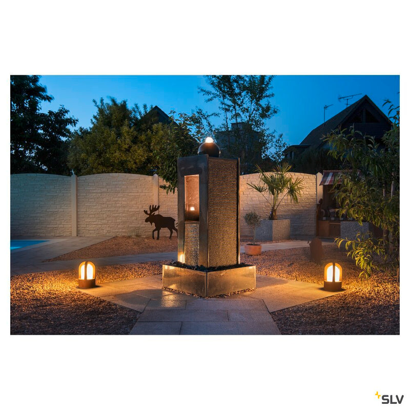 RUSTY CONE, outdoor floor stand, C35, round, rusted steel, Ø/H 15/24 cm, max. 40W, IP54