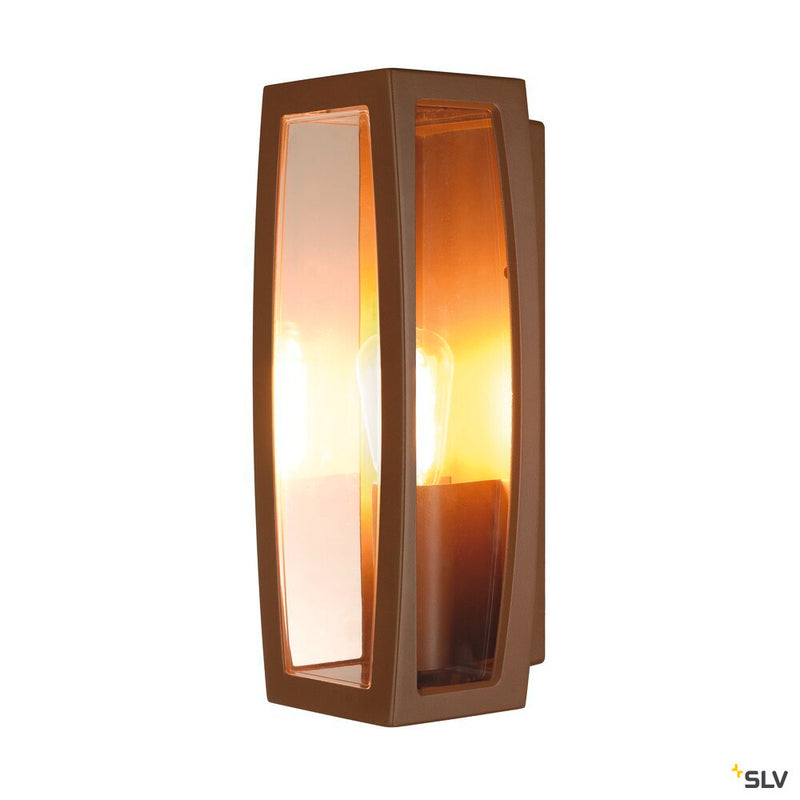 MERIDIAN BOX 2, outdoor wall light, TC-(D,H,T,Q)SE, rust, max. 25W, transparent plastic