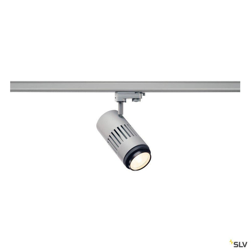 STRUCTEC LED zooming lens spot for 3-circuit 240V track, 3000K, silver-grey, 20-60°, incl. 3-circuit adapter