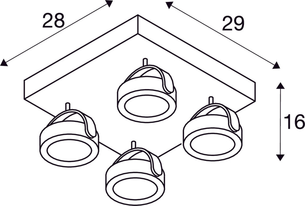 KALU, wall and ceiling light,  four-headed, LED, 3000K, square, black, 60°