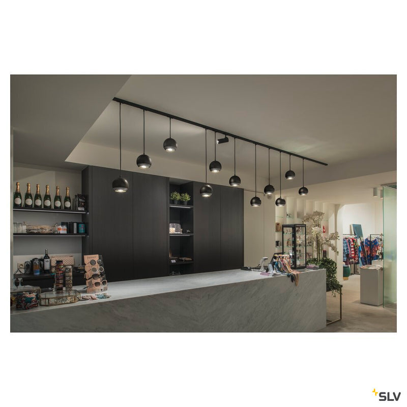 LIGHT EYE 150, pendant for 1-circuit high-voltage track, QPAR111, black/chrome, max. 75W, incl. 1-circuit adapter