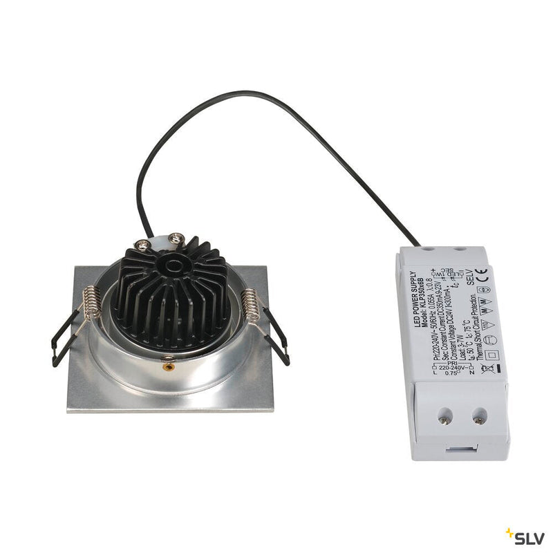 NEW TRIA 1 SET recessed fitting, single-headed LED, 3000K, square, brushed aluminium, 38°, 9.1W, incl. driver, clip springs