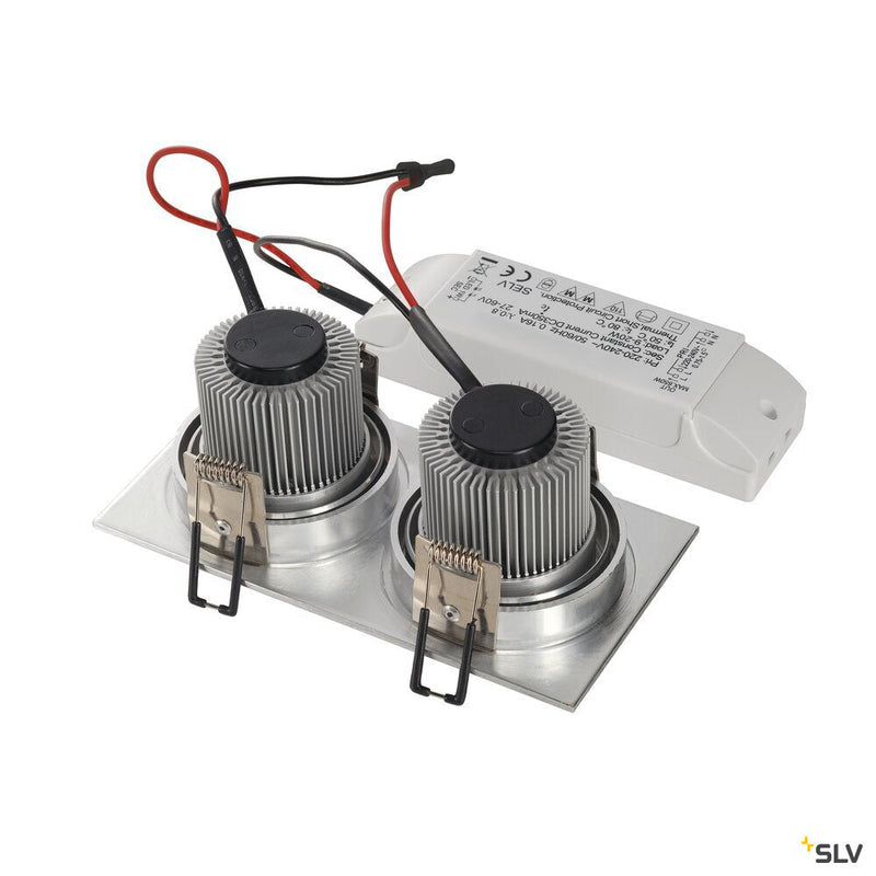NEW TRIA 2 SET recessed fitting, double-headed LED, 3000K, rectangular, brushed aluminium, 38°, 14.7W, incl. driver, clip springs
