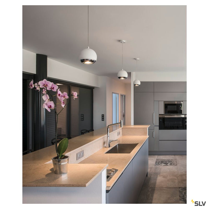 LIGHT EYE, pendant, QPAR111, white/chrome, clear cable, white/chrome ceiling plate, max. 75W