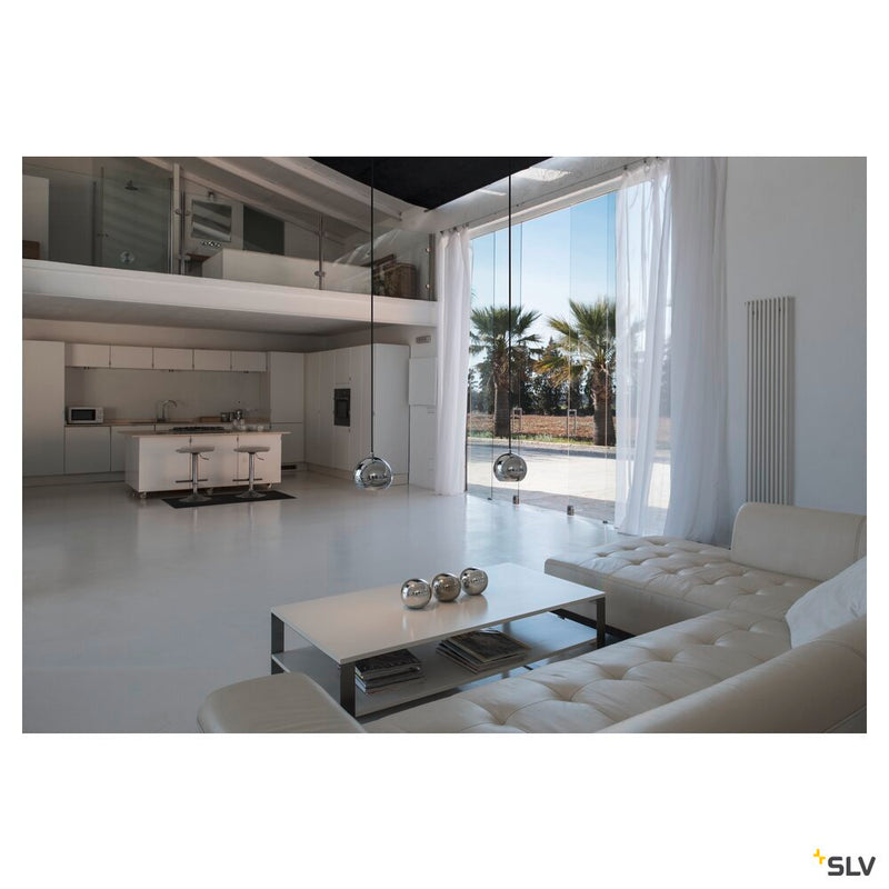 LIGHT EYE, pendant, QPAR111, chrome, black textile cable, chrome ceiling plate, max. 75W,