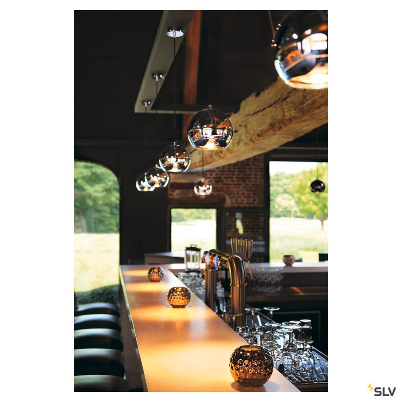 LIGHT EYE, pendant, QPAR111, chrome, black textile cable, chrome ceiling plate, max. 75W,