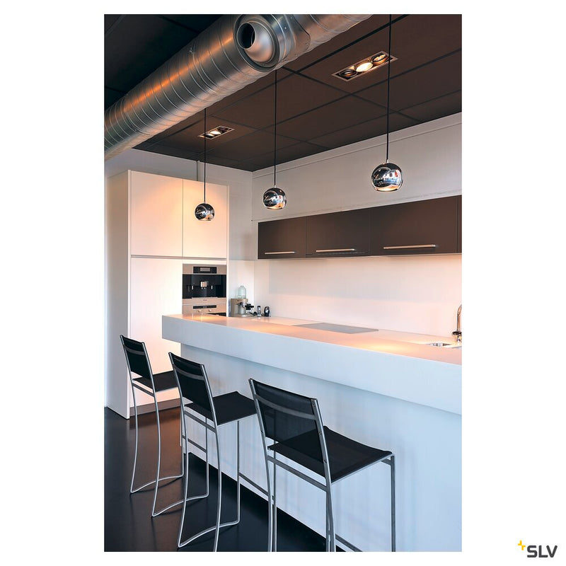 LIGHT EYE, pendant, QPAR111, chrome, black textile cable, chrome ceiling plate, max. 75W,