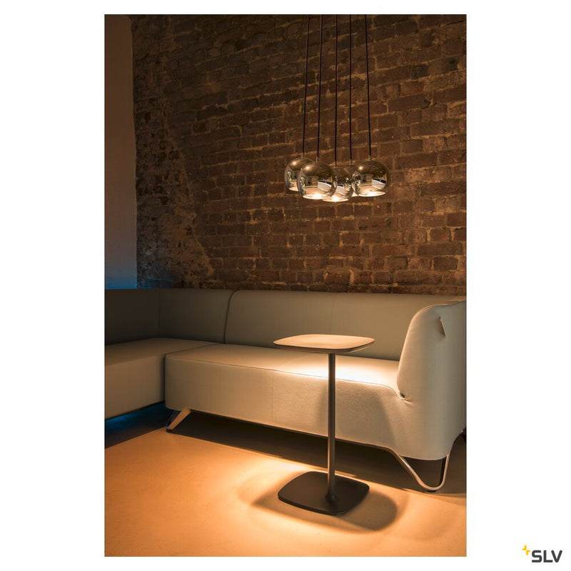 LIGHT EYE, pendant, QPAR111, chrome, black textile cable, chrome ceiling plate, max. 75W,