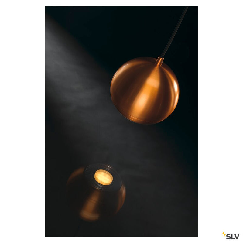 LIGHT EYE, pendant, QPAR111, brushed copper, black textile cable, brushed copper ceiling plate, max. 75W