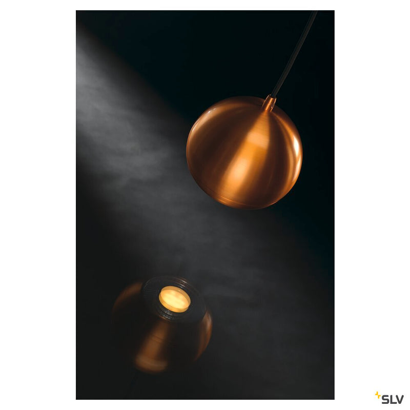 LIGHT EYE, pendant, QPAR111, brushed copper, black textile cable, brushed copper ceiling plate, max. 75W