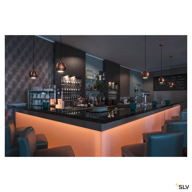 LIGHT EYE, pendant, QPAR111, brushed copper, black textile cable, brushed copper ceiling plate, max. 75W