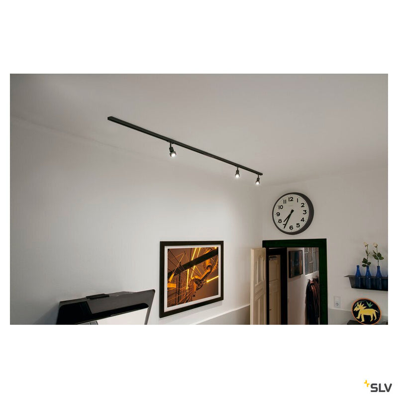 1-PHASE HIGH-VOLTAGE SET, triple-headed, LED GU10 51 mm, black, incl. 2x1 m 240V track, 3x Puri lamp heads, long connectors, 2 end caps, 3x deco ring, 3x LED GU10 lamp