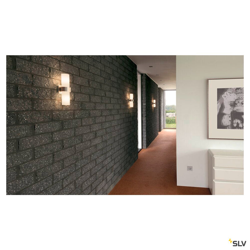 DENA 2 wall light, double-headed, A60, brushed aluminium, L/W/H 10/8/30, glass partially frosted, max. 80W