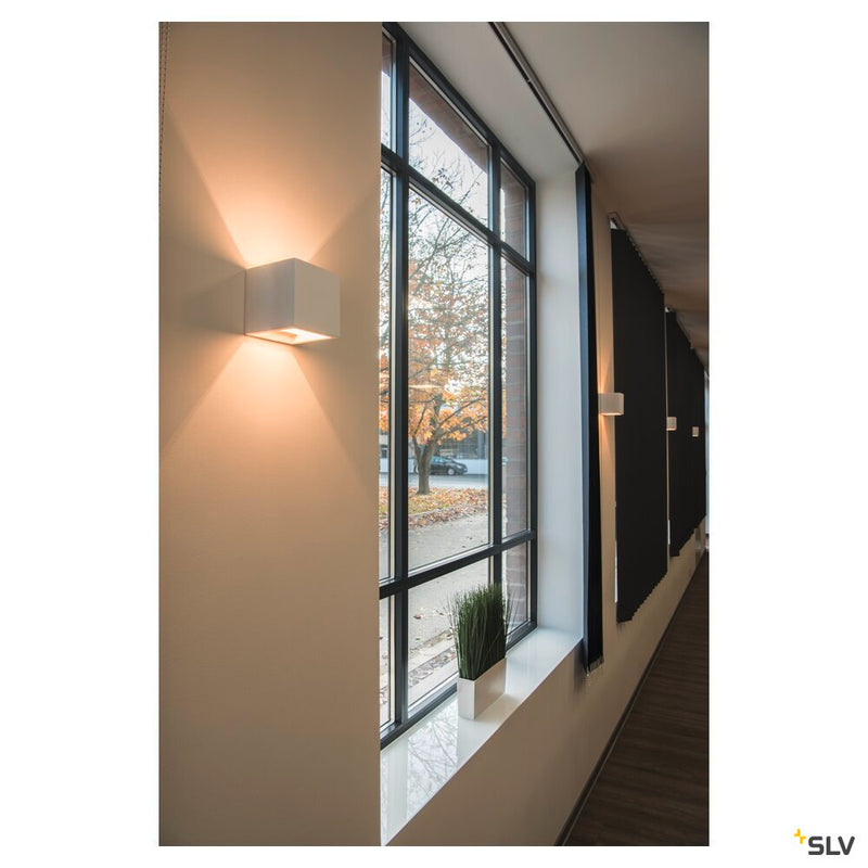 PLASTRA wall light, QPAR51, square, Cube, white plaster, max. 42 W