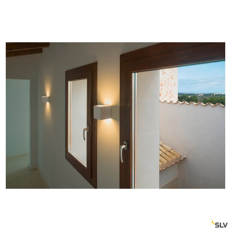 PLASTRA wall light, QPAR51, square, Cube, white plaster, max. 42 W