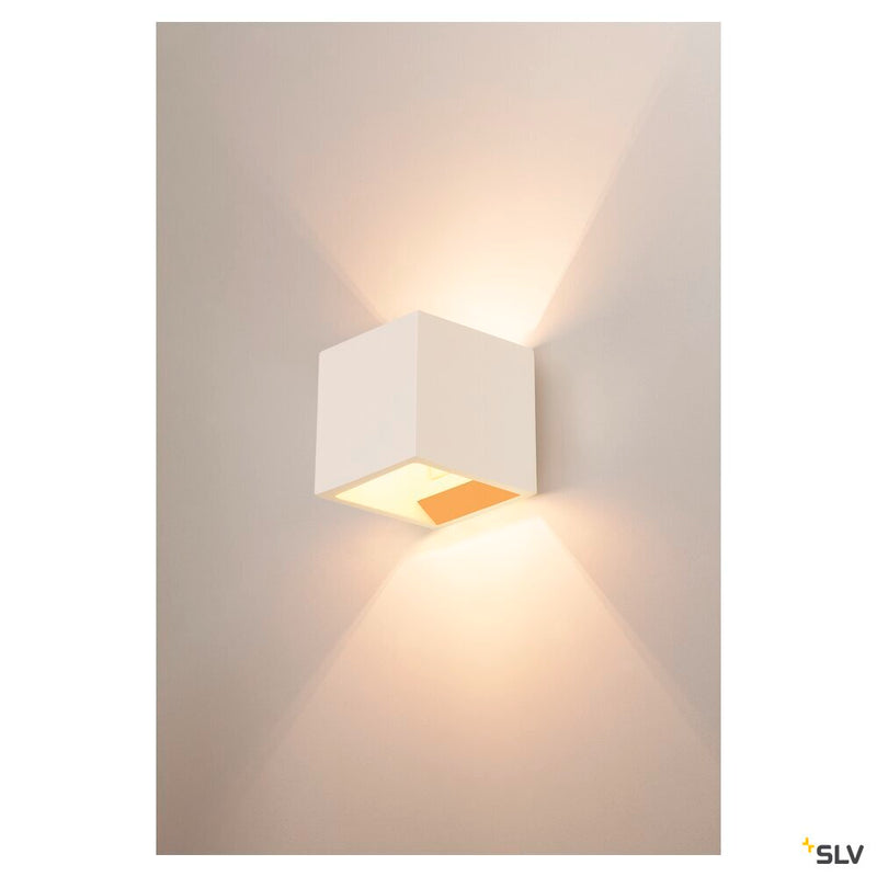 PLASTRA wall light, QPAR51, square, Cube, white plaster, max. 42 W