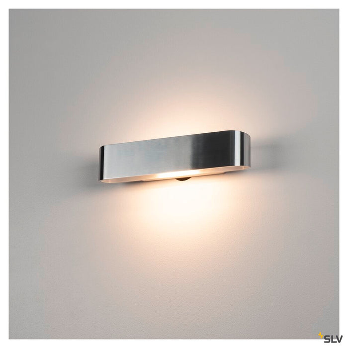 OSSA 300 wall light, QT-DE12, oval, up/down, brushed aluminium, L/W/H 30/8/6.5 cm, max. 120W