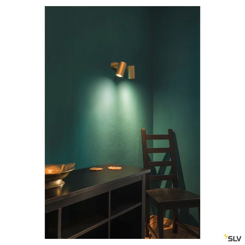 ENOLA_B, wall and ceiling light, spot, double-headed, QPAR51, brass, max. 100W