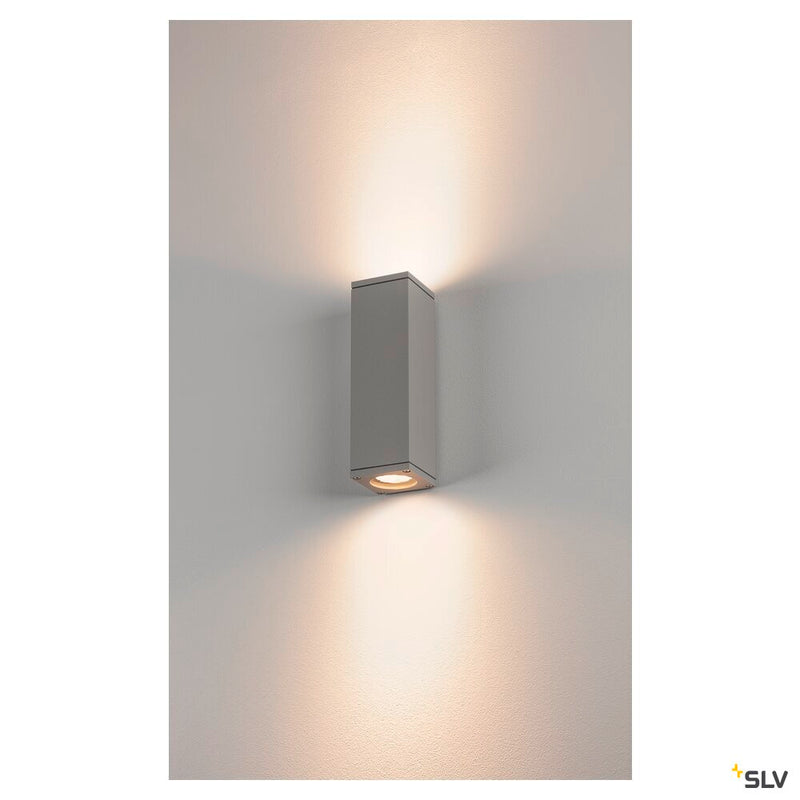 THEO, outdoor wall light, QPAR51, IP44, square, up/down, silver-grey, max. 70W