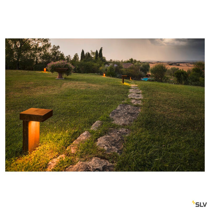 RUSTY PATHLIGHT, outdoor floor stand, energy-saving lamp, GX53, IP44, rusted steel, max. 9W