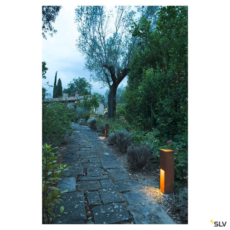 RUSTY SLOT 50, outdoor floor stand, LED, 3000K, rusted steel, L/W/H 12/12/50 cm