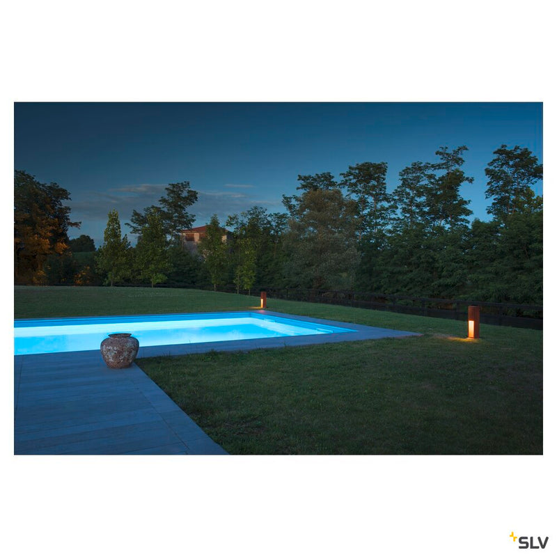 RUSTY SLOT 50, outdoor floor stand, LED, 3000K, rusted steel, L/W/H 12/12/50 cm