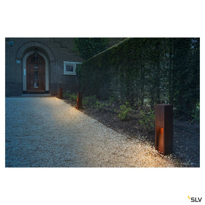 RUSTY SLOT 50, outdoor floor stand, LED, 3000K, rusted steel, L/W/H 12/12/50 cm